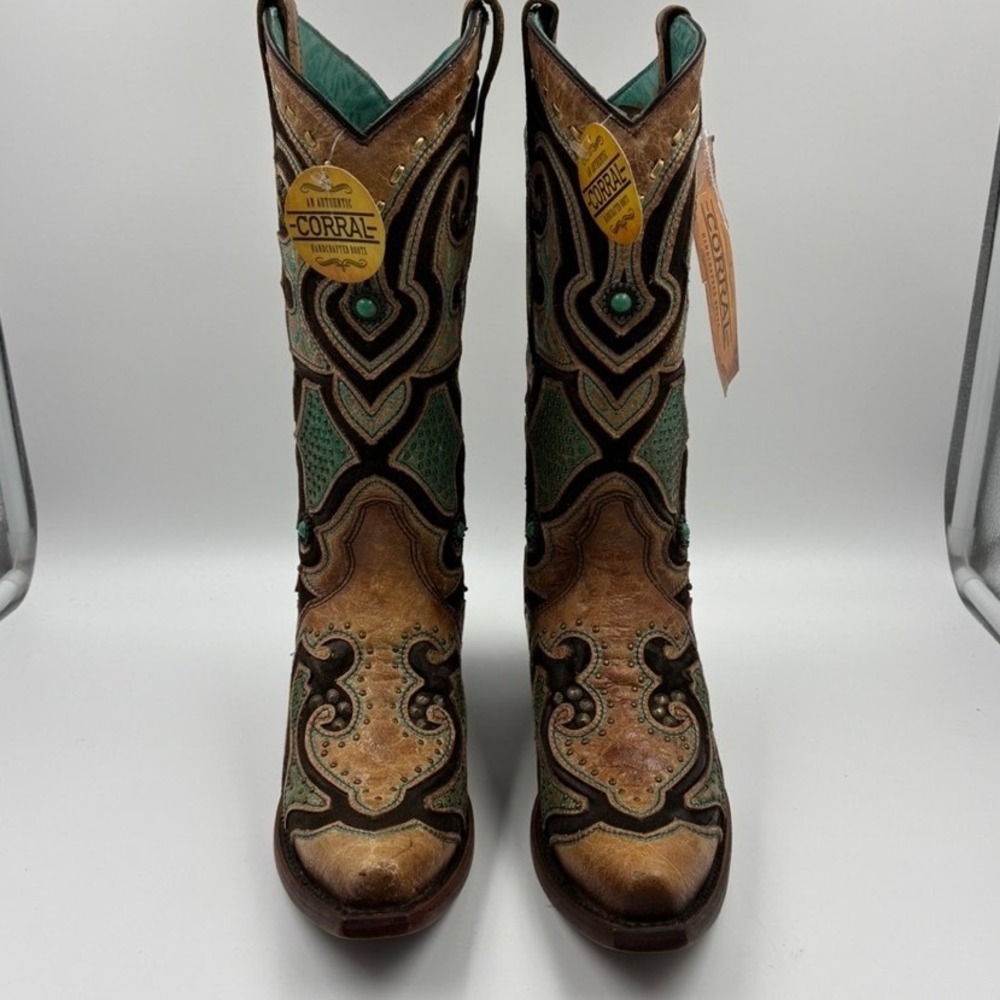 Corral Boots Women's Saddle Brown Teal Leather Inlay Western Snip Toe 6 M - Picture 7 of 16